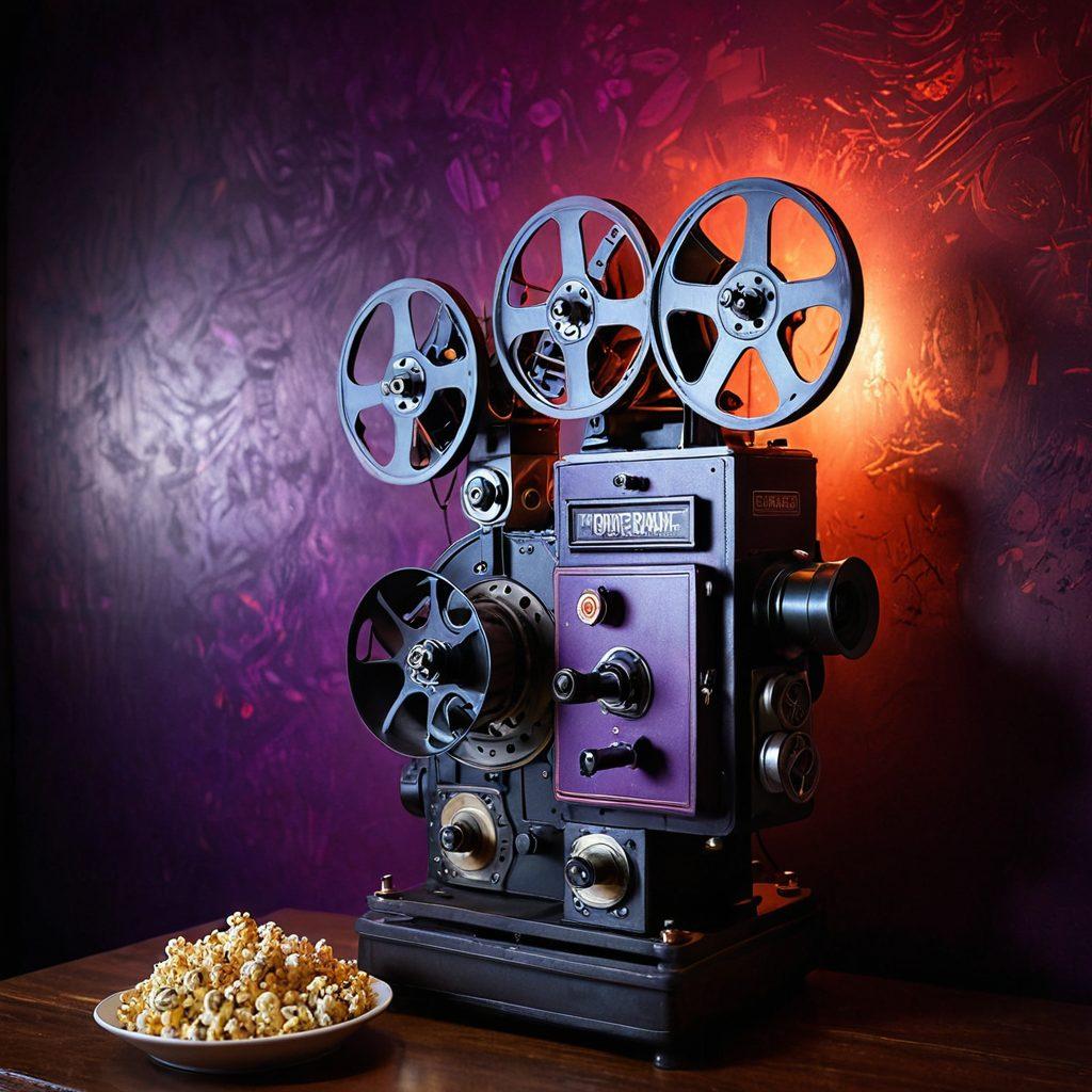 A captivating scene showcasing a vintage film projector casting colorful cinematic scenes on a wall, surrounded by eclectic memorabilia like film reels, popcorn, and hidden treasures peeking from shadows. Glow of red and purple lights enhances the allure, creating a mysterious yet inviting atmosphere. super-realistic. vibrant colors. dramatic lighting.