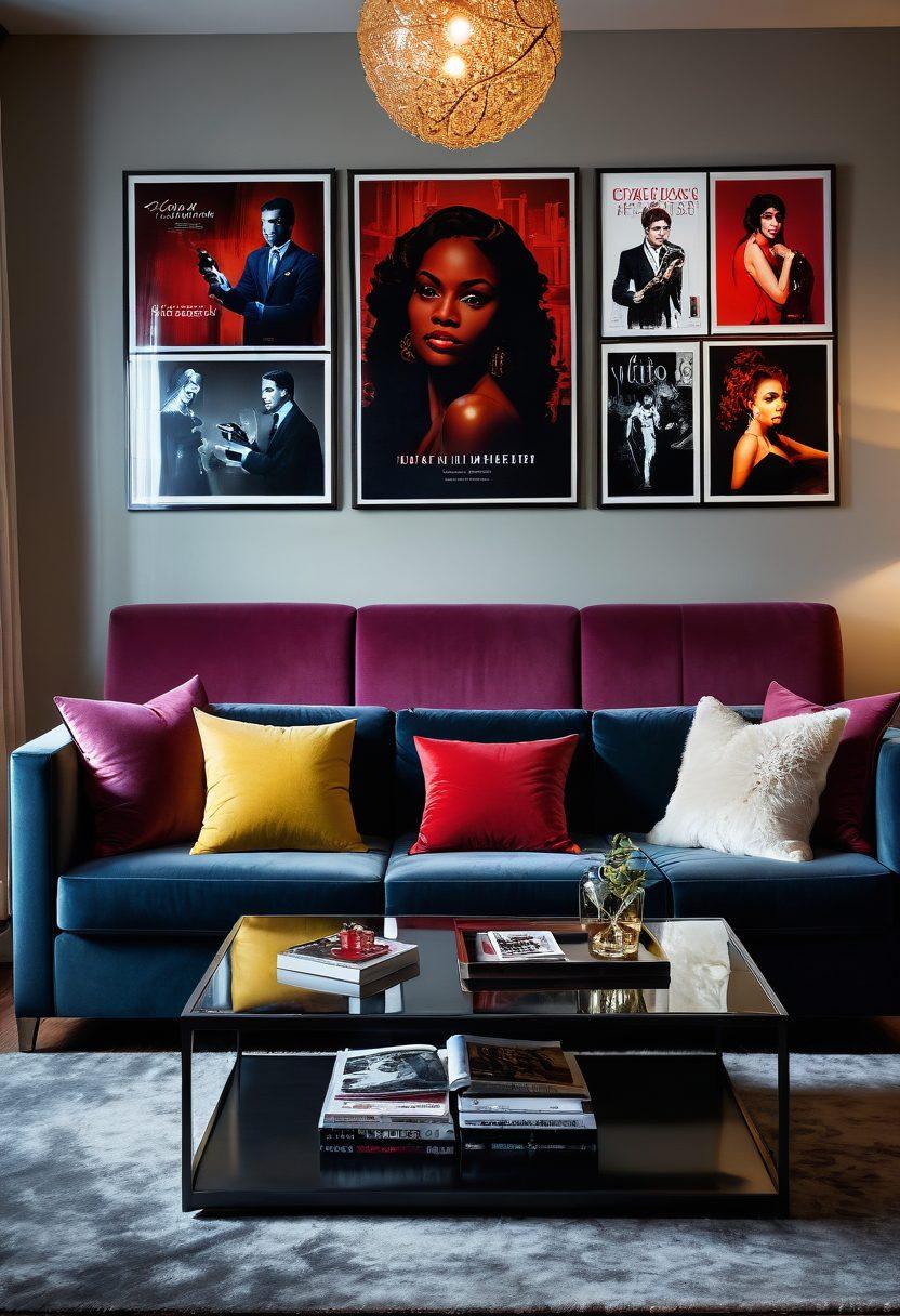 A sleek, modern coffee table displaying an array of eclectic adult movie covers, surrounded by dim ambient lighting. The setting includes a plush couch in the background, soft shadows enhancing the allure. A glass of red wine rests on the table, hinting at a relaxed viewing atmosphere. Bold, provocative artwork adorns the walls, creating an enticing contrast. cinematic style. moody lighting. vibrant colors.